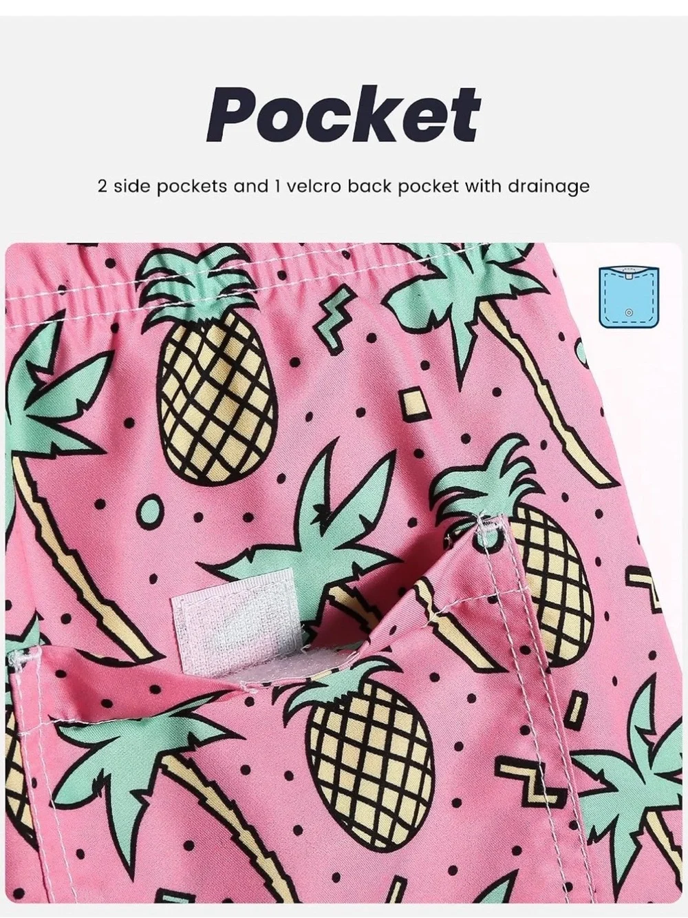 Men's Pink Pineapple Print Swim Trunks with Green Accents